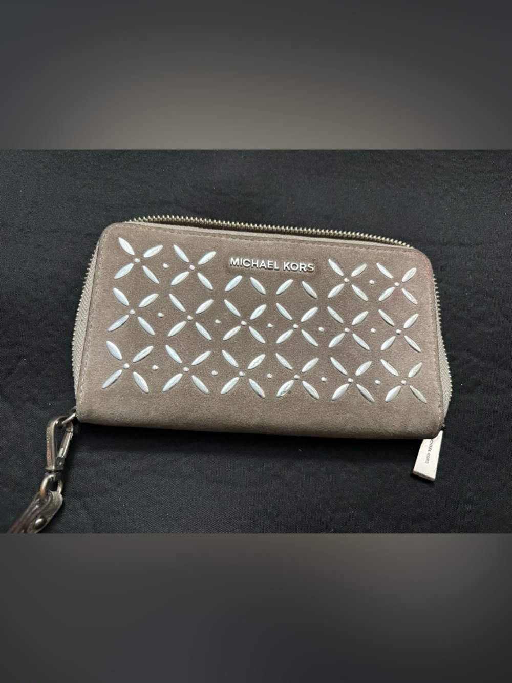 Michael Kors Taupe Suede Wristlet Wallet with Silver Cutout Accents